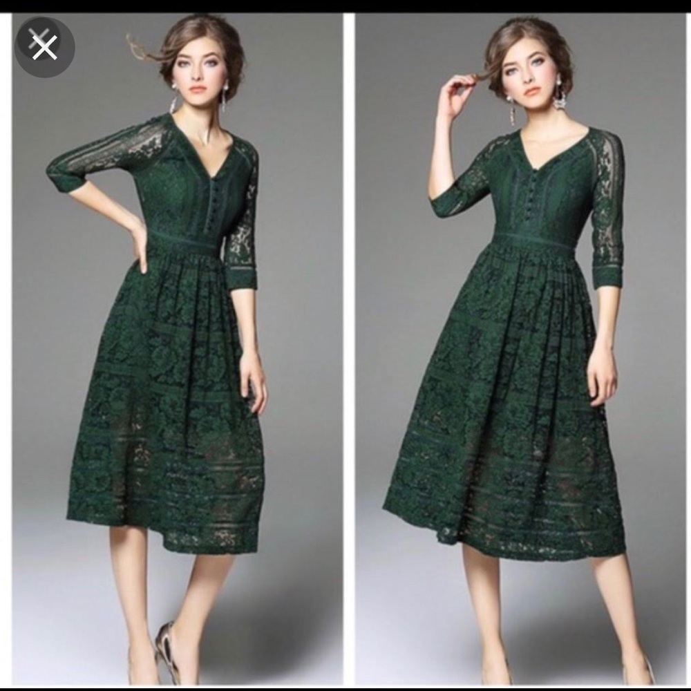 Metisu green V-neck  hollow out lace dress